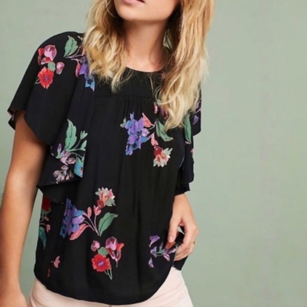 Maeve Prato Floral Flutter Sleeve Blouse Anthropologie | Size XS